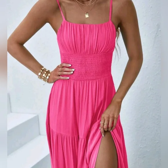 New Flowy Boho Ruched Cami Maxi Dress Hot Pink - Picture 4 of 8